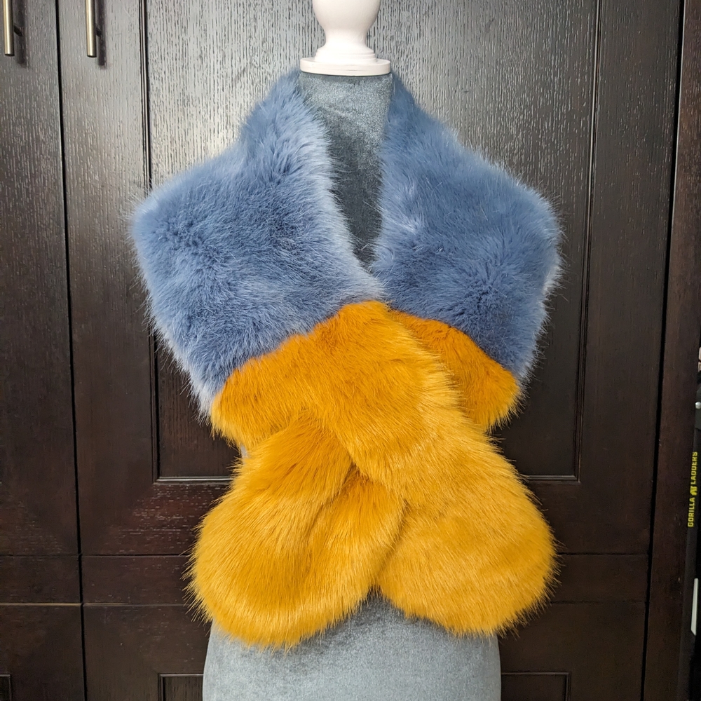 Zara Blue and Gold Faux Fur Wrap